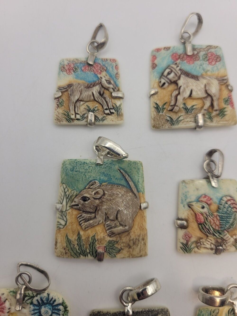 Vintage Hand-Carved Bone Chinese Zodiac Pendant Lot 10pc Sterling Silver READ - Picture 6 of 12